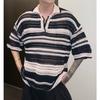 Men Summer Fashion Vintage Rainbow Striped Hollow Polo Collar Knitted T Shirt Casual Streetwear Short Sleeve Loose Pullover Tops