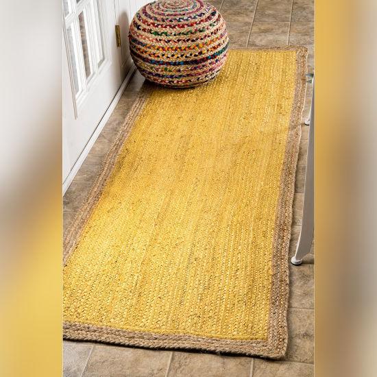 Aizza Trends Indian Handmade Braided Inner Yellow Natural Jute Area Rug- Jute Rug- Dining Room- Living Room