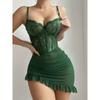 Plus Size Sexy Corset Bodycon Mini Dress Chemise Ruffle Lace Mesh Perspective Underwire Babydoll Lingerie Set 2 Piece with ThongGood product