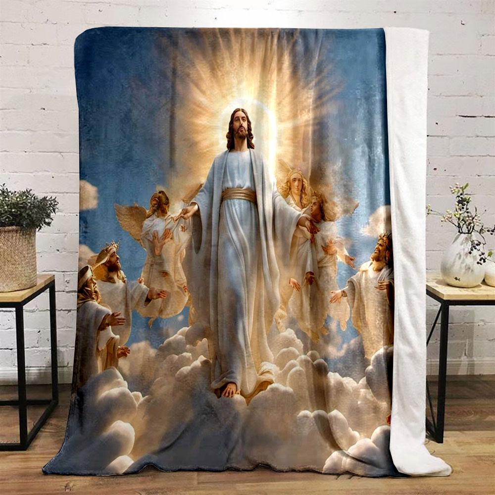 A divine figure in white robes surrounded by angels and glowing light. for all seasons blanket lunch break throw gift