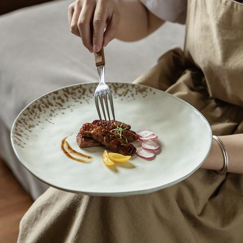 Retro Texture Ceramic Plate, Western Food Steak Plate, Japanese Household Round Plate, Tableware, Vegetable Plate, Pasta Plate