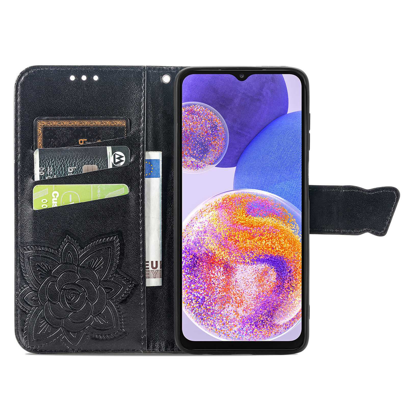 

Big Butterfly Imprinting Leather Phone Shell for Samsung Galaxy A23 5G (Global Version),Drop-Prevention PU Leather Stand Wallet Case with Handy Strap Black