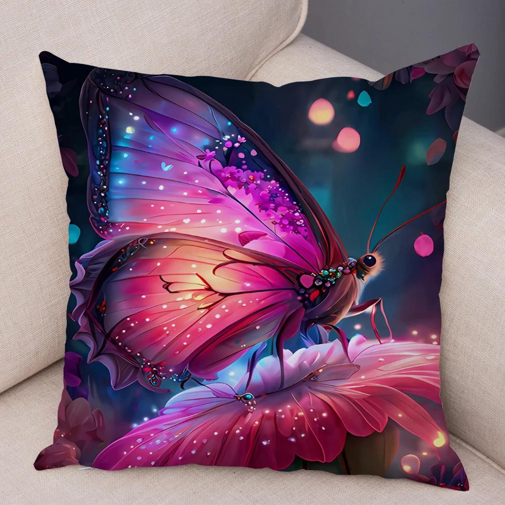 Tecknad Blomma Fjäril Djur Kuddfodral Dekor Blomma Kuddfodral för Soffa Hem Bil Fantasi Skog Mjuk Plysch Kuddfodral