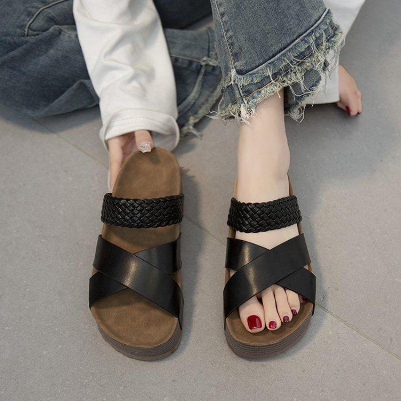 Mode Damen Hausschuhe Übergröße Retro Römische Sandalen PU Lässig Blume Keilabsatz Plateau Sandalen