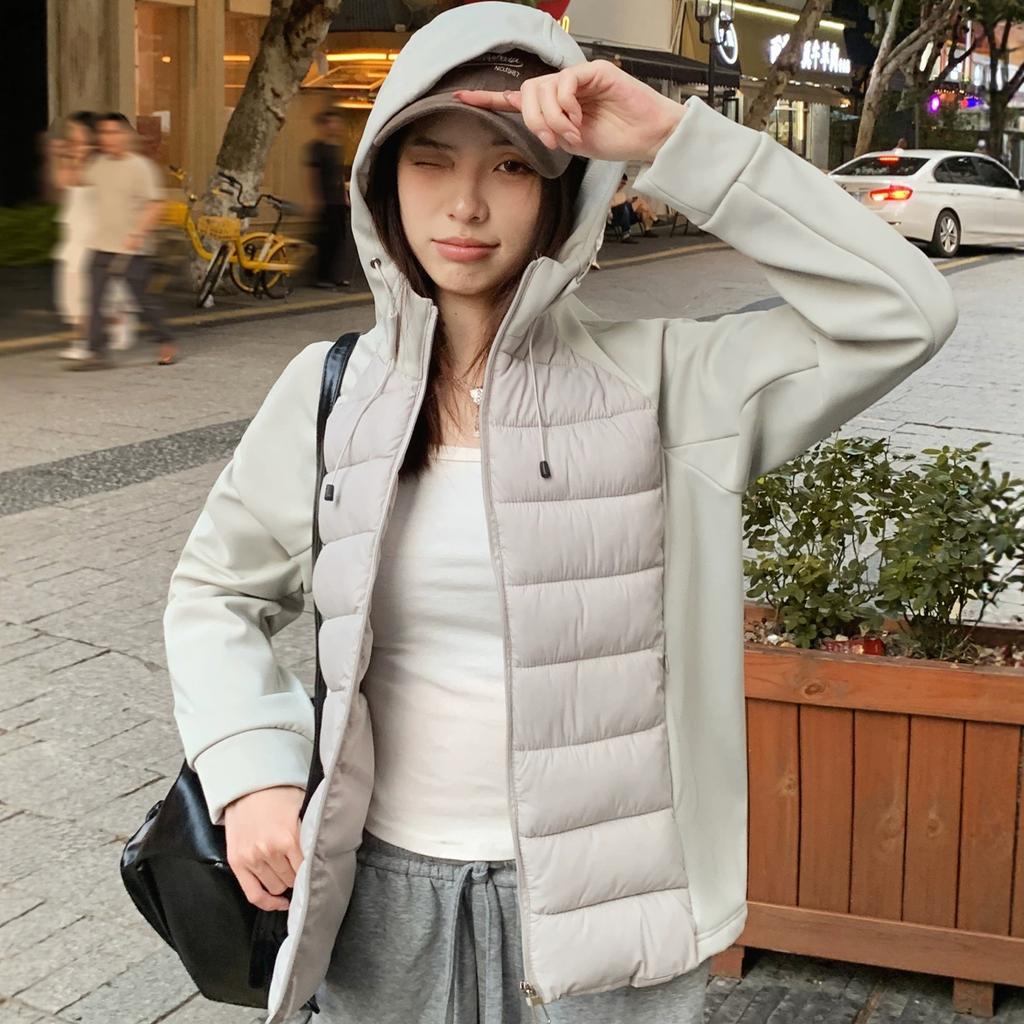 Light and Thin Ribs Cotton Clothes for Women's New Jackets, Age-reducing, Slim-fitting, Versatile Hooded Short Splicing Cotton-padded Clothes F