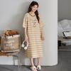 [With Chest Pad] Pajama Women's Summer Thin Cotton Short-sleeved Extra-long Skirt Striped Pajamas Cotton Large-size Loungewear