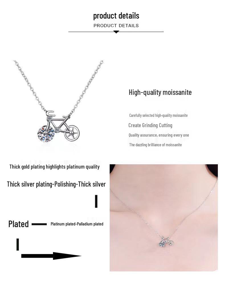 S925 Sterling Silver Moissanite Bicycle Choker - Women's Cute & Versatile Fashion Necklace, Internet Celebrity Style