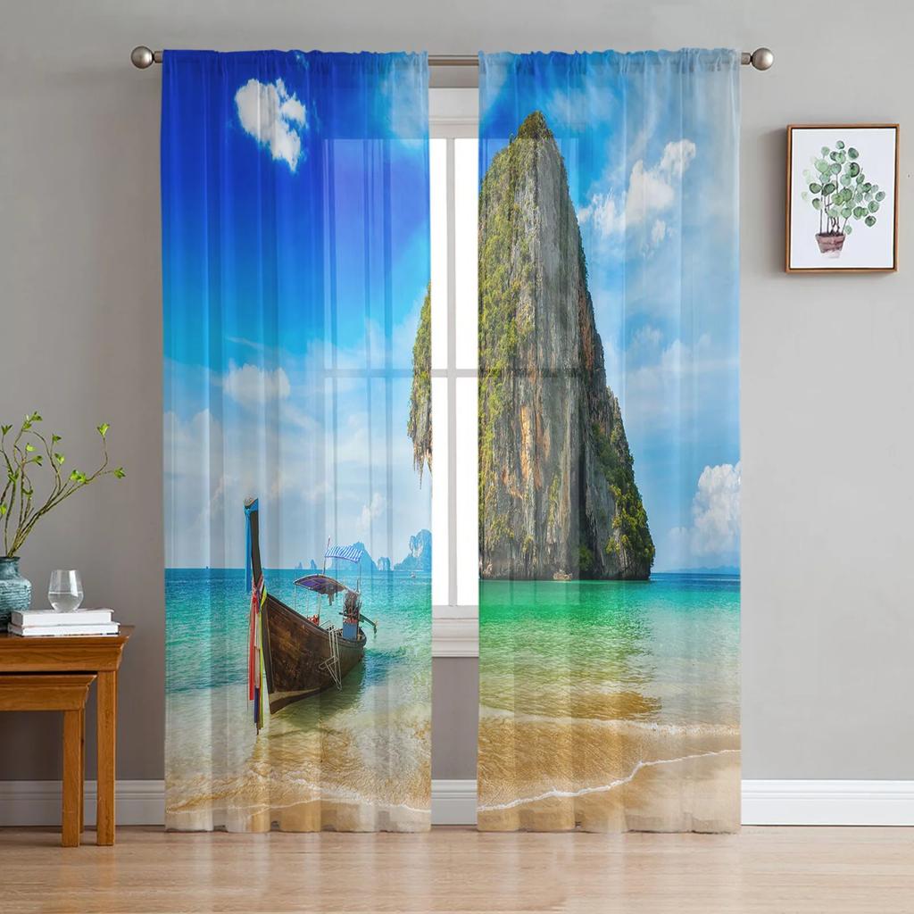 Beach Starfish Shells Leaves Palm Curtains Living Room Bedroom Decor Chiffon Tulle Voile Kitchen Window Curtain Sheer Made Of Polyester Treatment