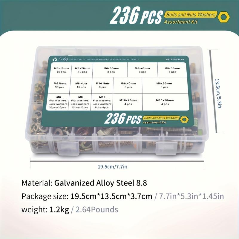236pcs M6 M8 M10 Heavy Duty Bolts And Nuts Assortment Kit Grade 8.8 Alloy Steel Hex Screws Nuts & Washers Kit
