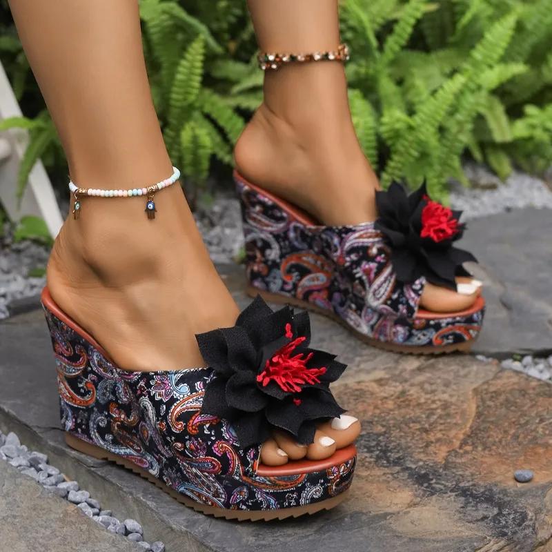 Fashion Women's Large Size Slippers Wedge Heel Flower 10.5cm Heel High Shoes Women Leisure Dress Roman Office Lady Zapatillas De Mujer
