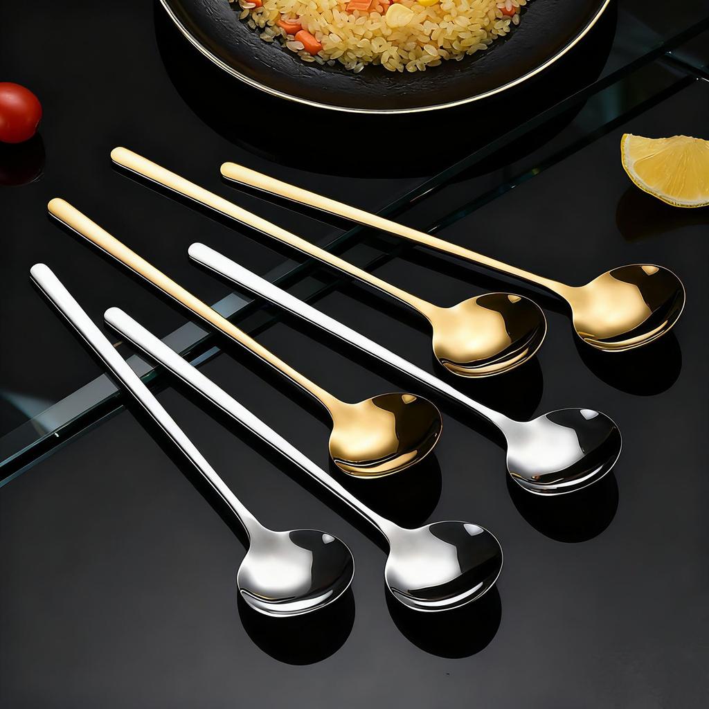304 Stainless Steel Long Handle Korean Round Spoon - Ideal for Coffee Stirring, Desserts, Bird's Nest, and Ladling.