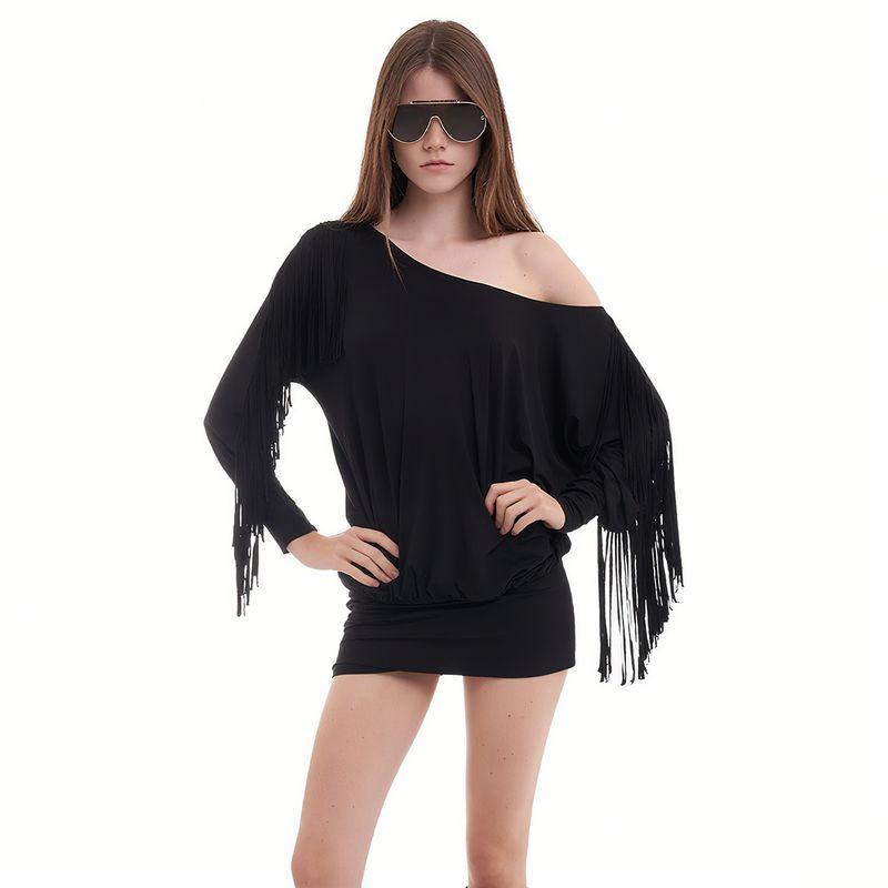 

# Sisjuly# Крутой Дрэг Сексуальный Хип-Хоп Наряд Король Жареный Дизайн с Кисточками Косое Плечо Длинные Рукава Платье Женское Black L