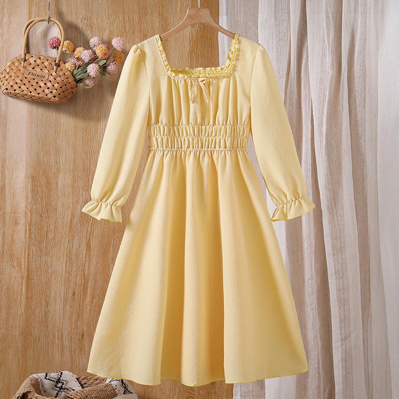 Girls' Yellow Dress: Fall Children's Square-Neck Elastic Waist Princess-Style Elegant Dress