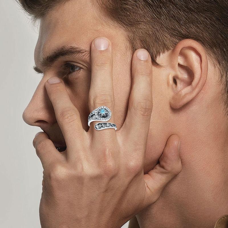 Adjustable Opening Women Vintage Ring Natural Turquoise Gemstones and Compasses Accessory Symbolic Jewelry Gift