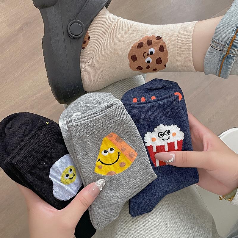 Korean Women's Mid-Calf Socks - Cute Pizza, Cookie, Cheese Biscuit Cartoon Design