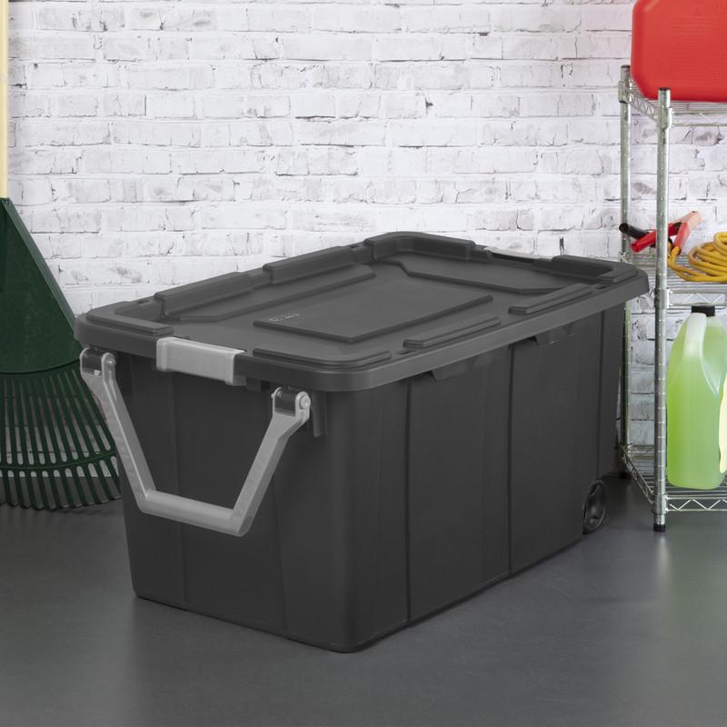 (2 Pack) Extra-Large Wheeled Industrial Storage Bin, 40 Gallon Durable Plastic Storage Tote with Latching Lid and Pull Handle, D