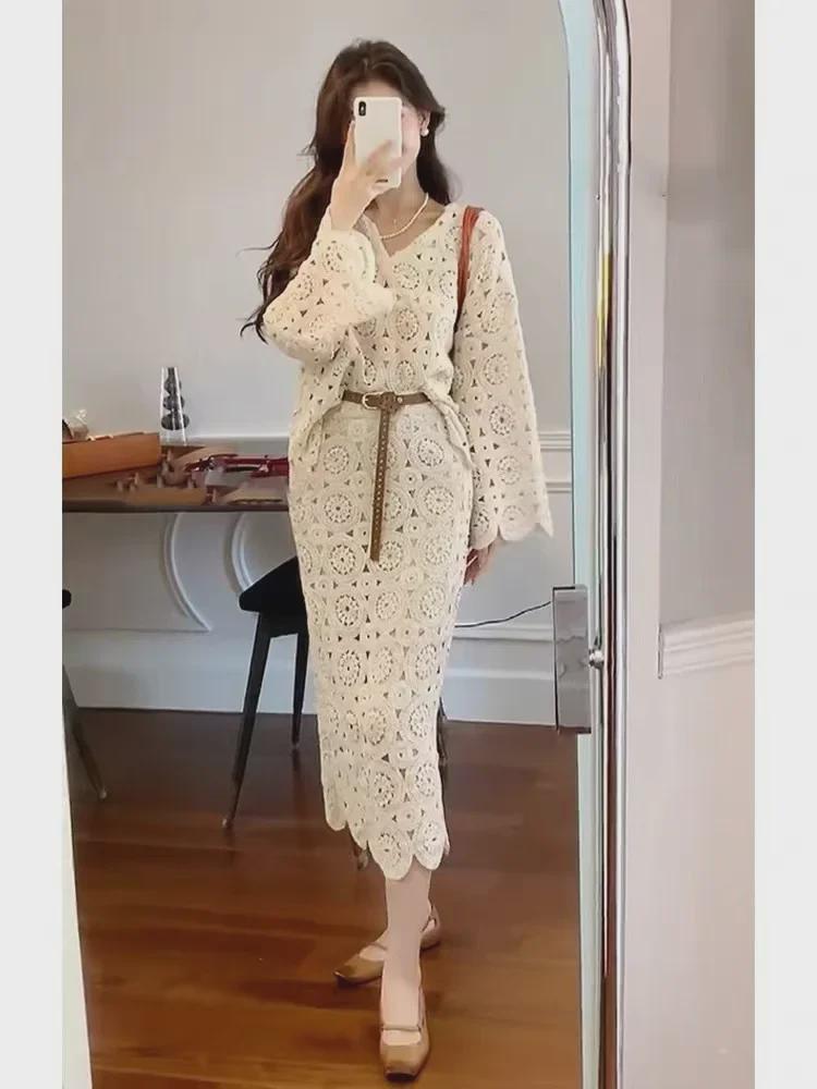 2023 Autumn Gentle Style Lace Shirt & Midi Skirt Set for Women