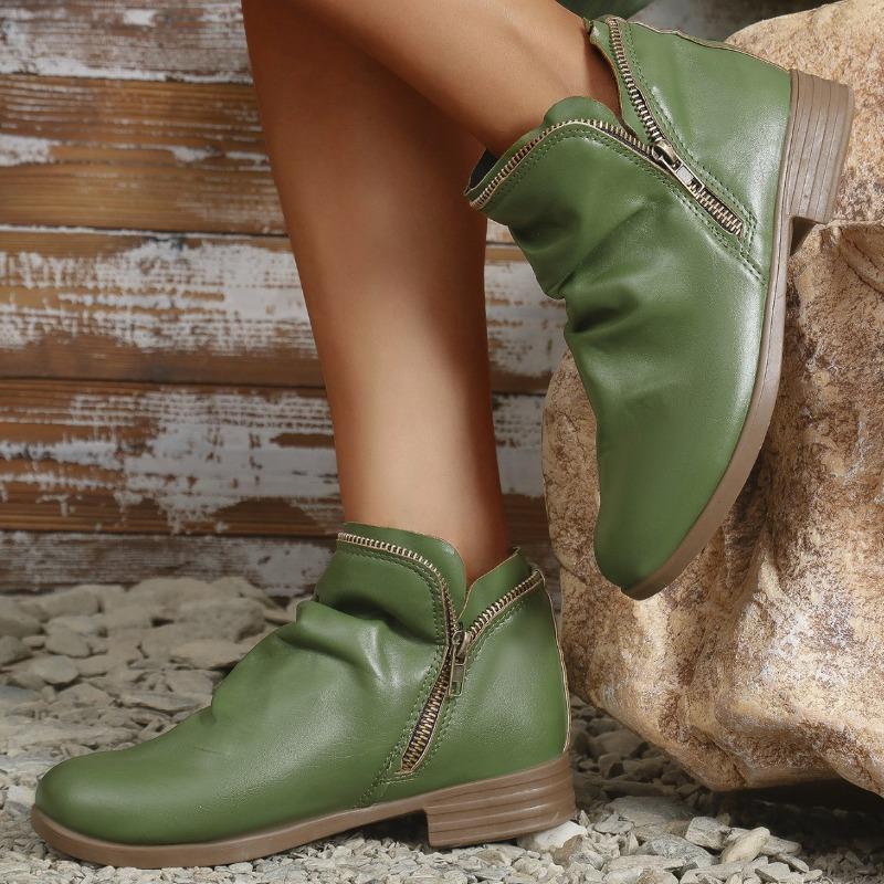 Women's High Quality Round Toe PU Leather V-Cut Zipper Martin Boots