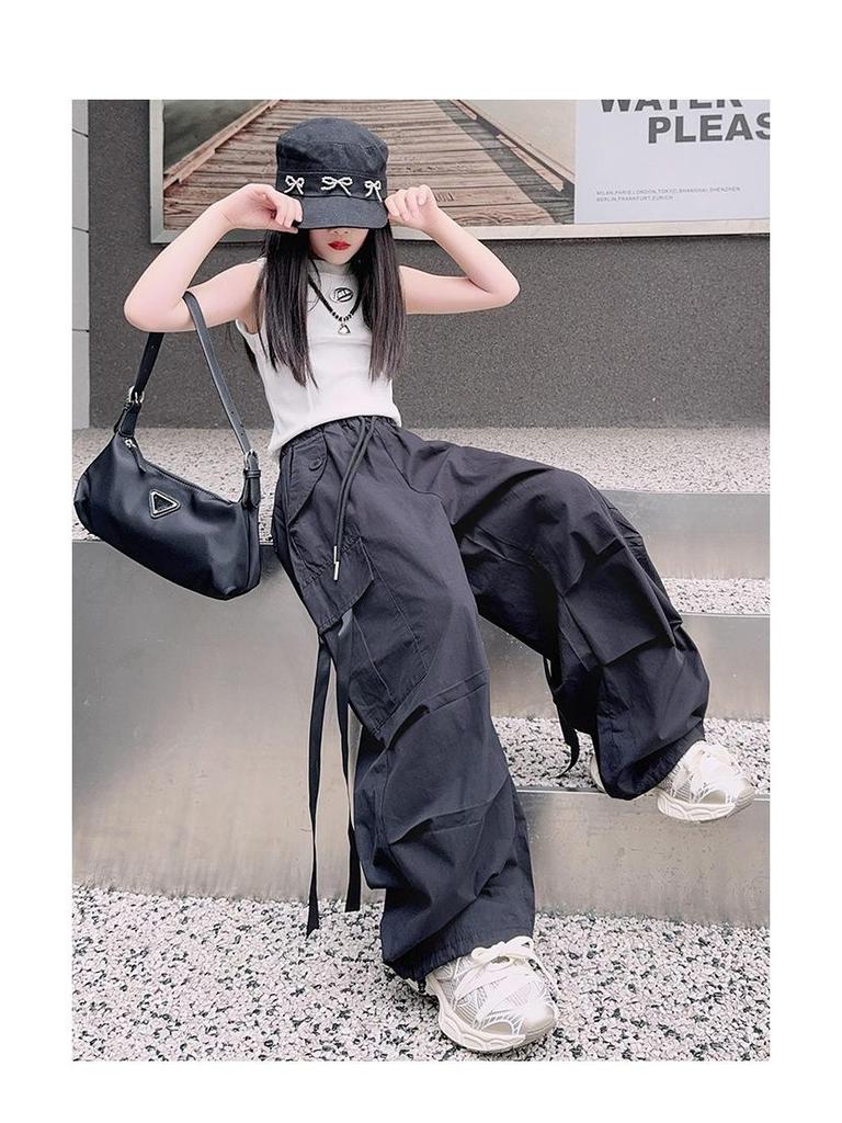 Girls' Loose Wide-Leg Summer Workwear Pants - Korean Street Style for Big Kids, Cool and Thin for Spring and Autumn.