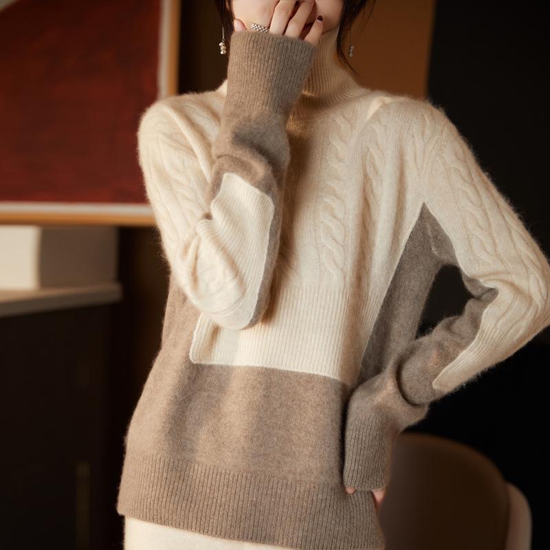 Color Matching Semi-Turtleneck Thick Knitted Sweater Twist Sweater Women'S Coat Loose New Fashion Temperament Bottoming Shirt Tide