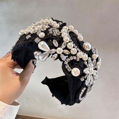 Fascia Floreale Ricamata con Cristalli Bianco Nero di Lusso per Donne Ragazze Viaggio Mare Cerchi Larghi per Capelli Copricapo Fasce per Capelli