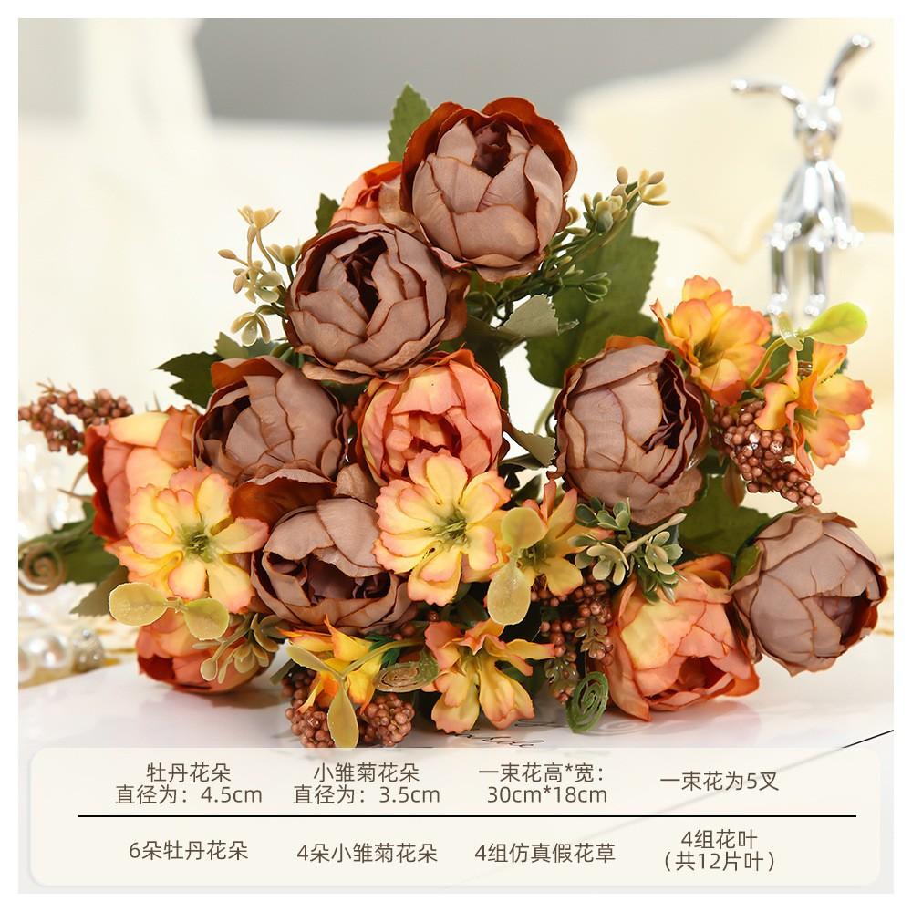 Blush Pink Artificial Peony Bouquet, Fake Silk Flowers with Greenery for Home Wedding Decor