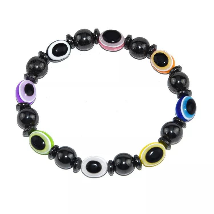 Magnetic Black Stone Elastic Bracelet with Blue Eye Beads - Popular European & American Jewelry