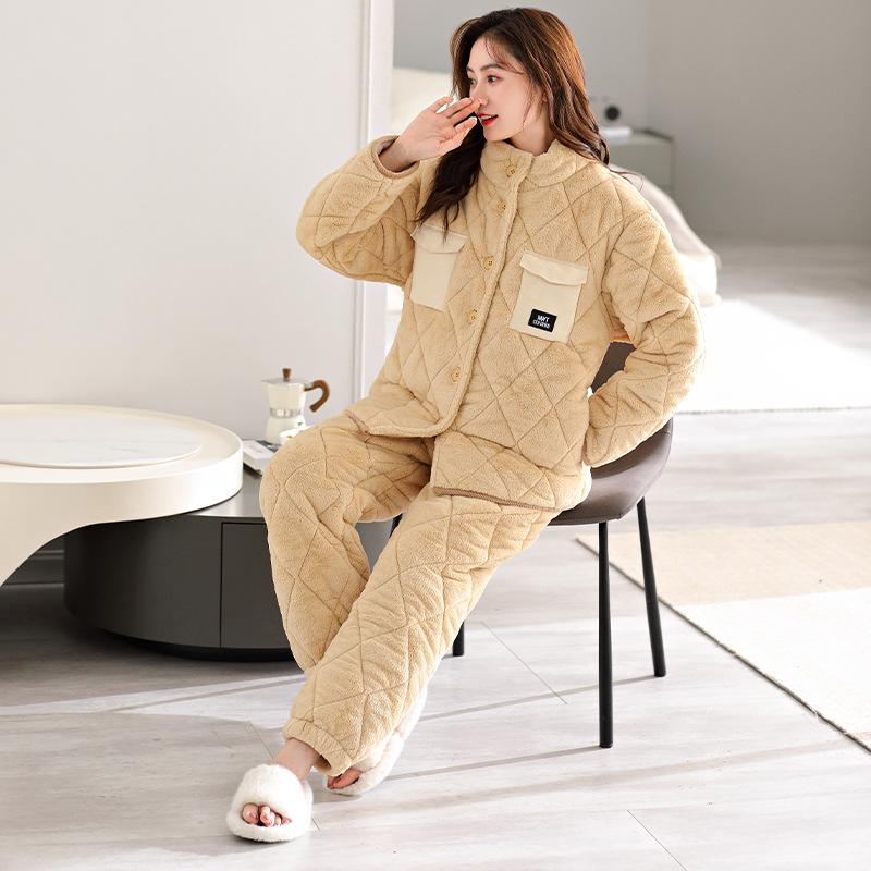 1011 New Coral Fleece Pajamas Women's Winter Three-layer Cotton-padded Fleece Thickened Autumn and Winter Zipper Loungewear