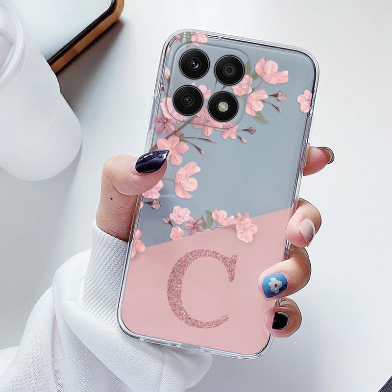 Fashion Pink Flowers Case For Honor X6 X6S 6.5" Back Cover Initial Letter Transparent Soft TPU Fundas For HonorX6 X 6S Coque