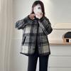 Women Check Pattern Woolen Coat Causal Loose Long Sleeves Jacket Fashion Warm Round Neck Single Breasted Buckle Outerwear Spring Autumn