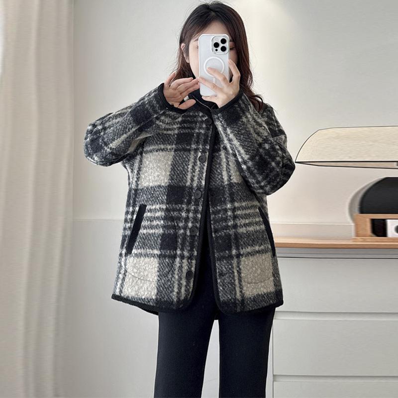 Women Check Pattern Woolen Coat Causal Loose Long Sleeves Jacket Fashion Warm Round Neck Single Breasted Buckle Outerwear Spring Autumn