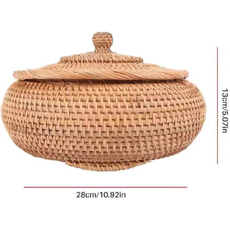Round Rattan Boxes with Lid Hand-Woven Multi-Purpose Wicker Tray 11 Inch Picnic Food Bread Table Storage Basket (28x13cm)