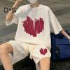 2Pcs/Set Men Summer Outfit Round Neck Short Sleeve Tops Wide Leg Shorts Set Heart Pattern Loose Fit Tracksuit