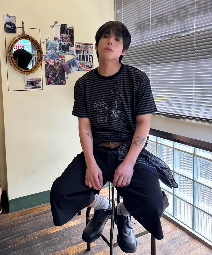 Eontaiteulseoul Unicorn Stitch Stripe Crop Short Sleeve Black