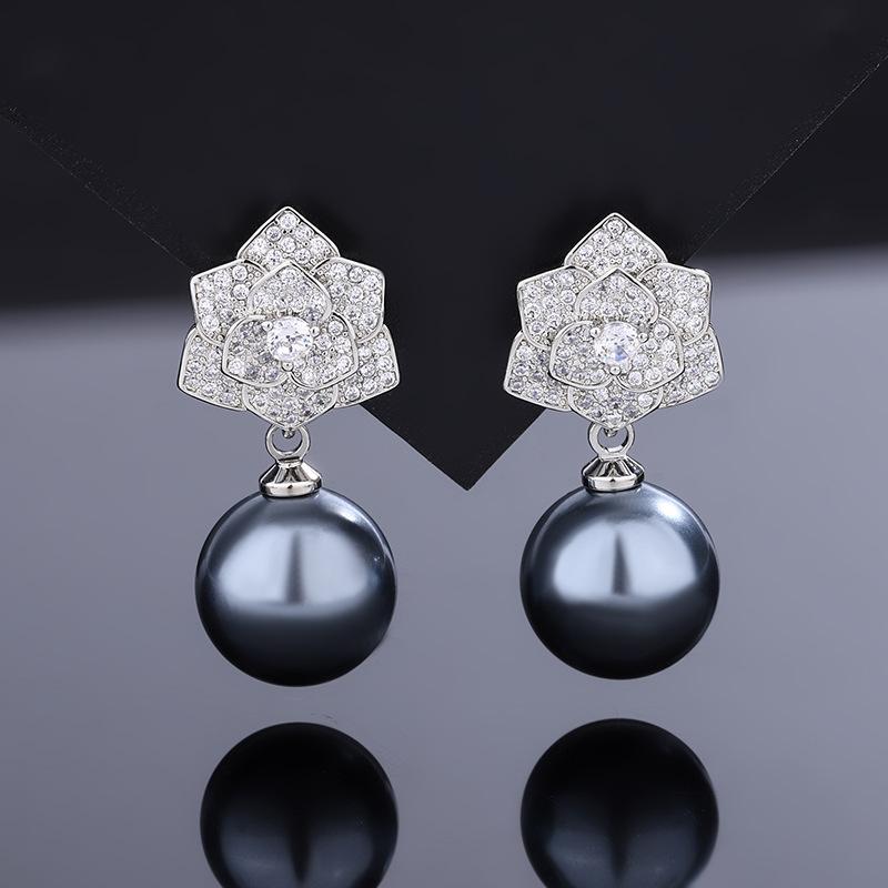 Jewelry Copper Bottom Gold-Plated Pearl Camellia Stud Earrings Female 12Mm