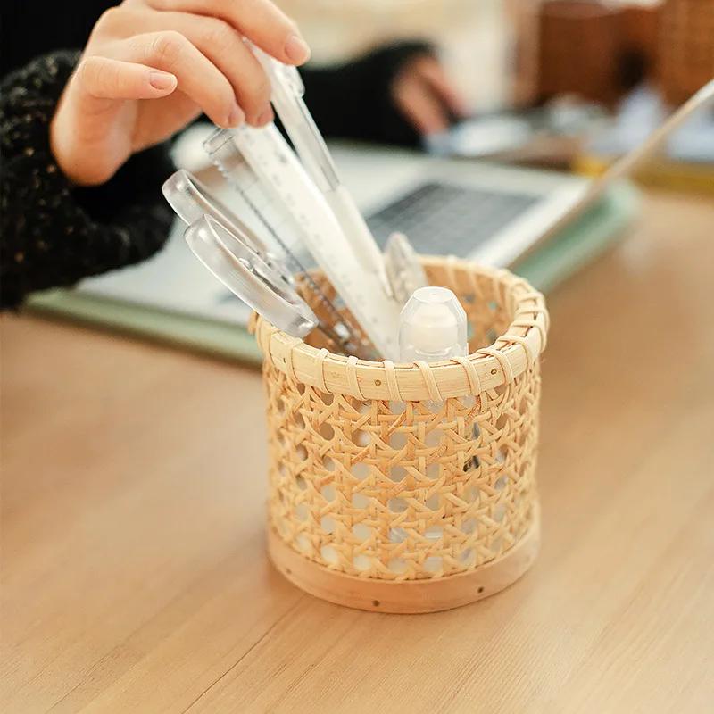 White Rattan Hand-woven Rattan Pen Holder Small Cylinder Small Flower Basket Tableware Storage Basket Small Sundry Basket Runner