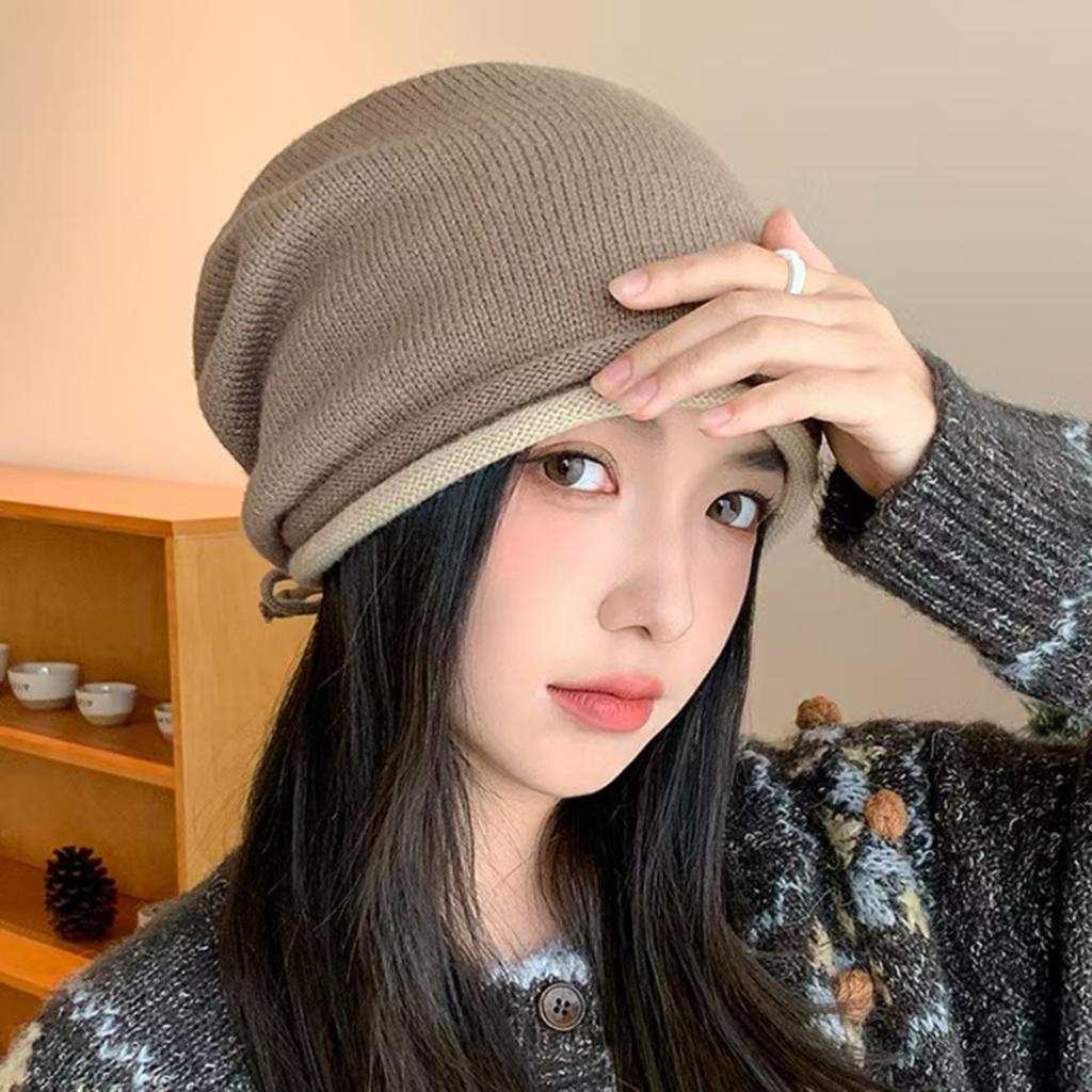 Double-curled Knitted Pullover Hat, Fashionable Wool Drawstring Hat