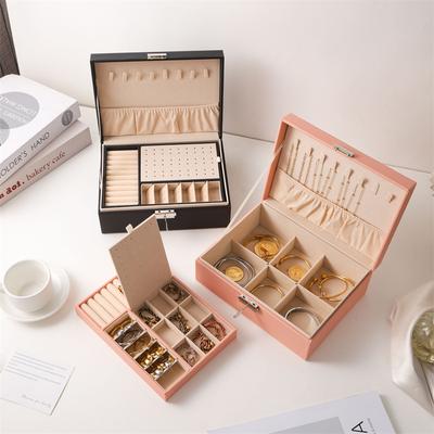 PU Leather Jewelry Box Organizer for Rings Earrings Necklace Large Capacity Double Layer Storage Case Korean Accessories Box