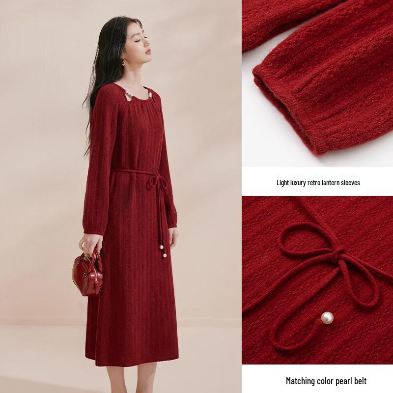 Xiangying Women's Red Knitted Midi Dress