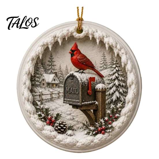 Decorative Christmas Tree Accents Acrylic Red Bird Ornament, Snow Scene Pattern Xmas Pendants Hanging Decor, Retro Round Pendant for Winter