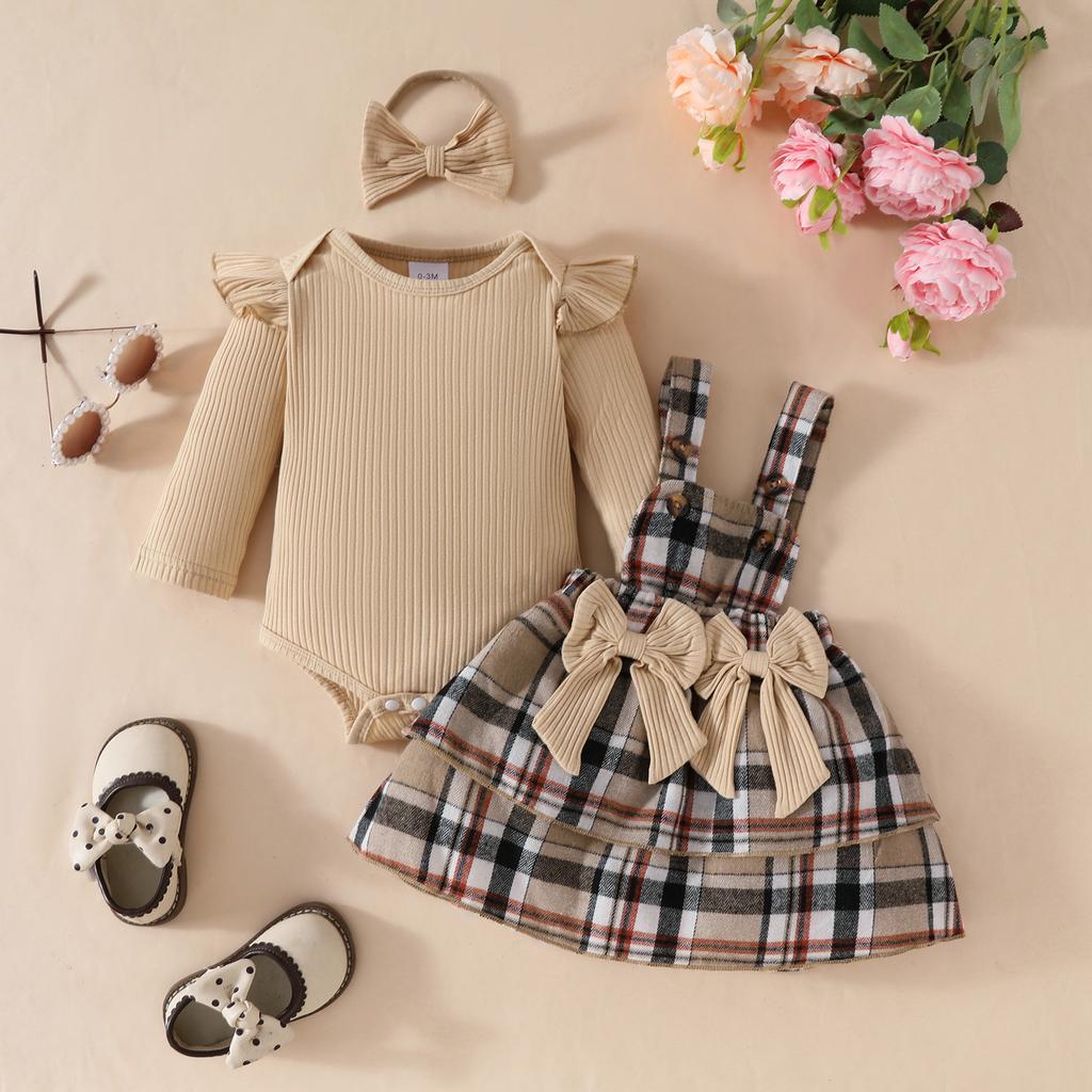 Fall Winter Outfit Set - Long Sleeve Ribbed Top, Dress and Headband 3-Piece