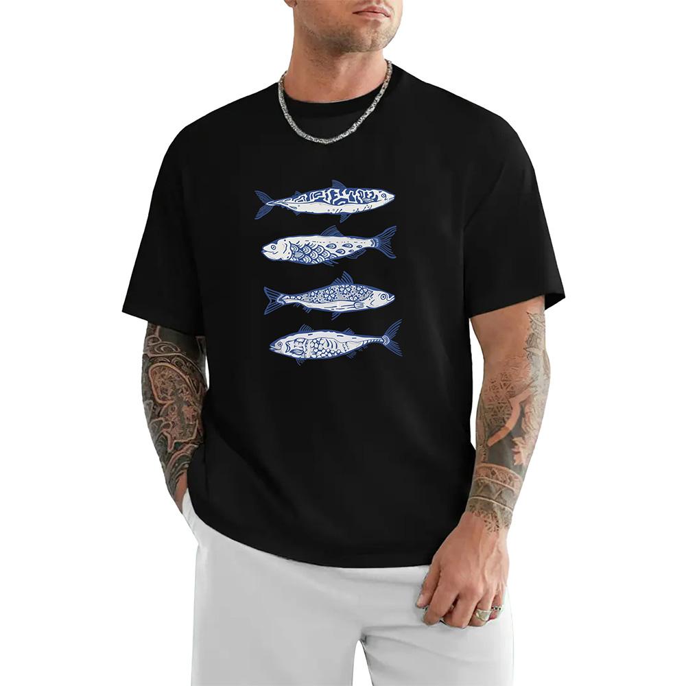2026 New Fish Pattern Print High Quality 100 Cotton Tshirt with Round Neck Summer Trend Short Sleeves Street Hip Hop Top