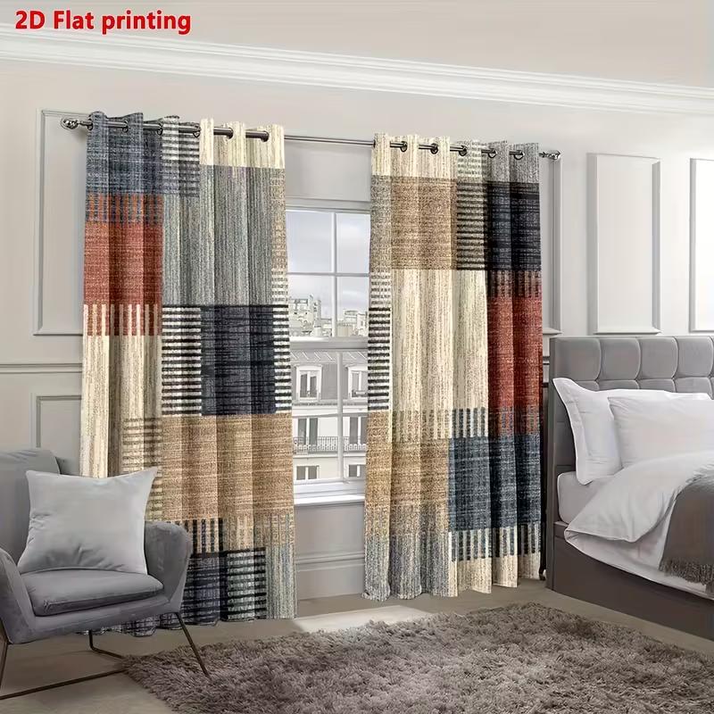 2pcs 2D Flat Colorful Patchwork Geometric Plaid Modern Minimalist Curtains, Polyester Material Softens Light Privacy Protection