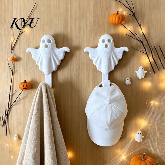 Space Saving Organizer 2Pcs 3D Printed Halloween Ghost Wall Hook, Decorative White Hanger for Home Decor Hats Towels Keys, Creative Storage