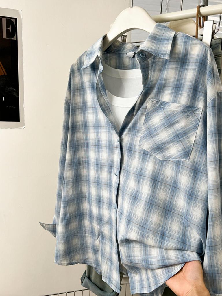 Women's Blue & White Plaid Long Sleeve Retro Shirt - Loose, Layered Versatile Casual Top for Early Autumn