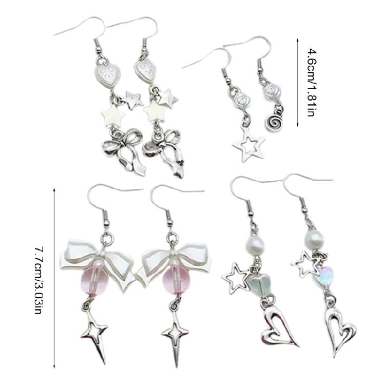 4 Pairs Bowknot/Star/Heart Ear Drop Colorful Dangle Earrings Stylish Decorations