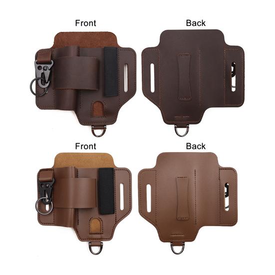 Multitool Belt Sheath Faux Leather EDC Belt Organizer 3 Pockets Belt Pouch with Flashlight Holder Pen Holder Keychain Clip for Men