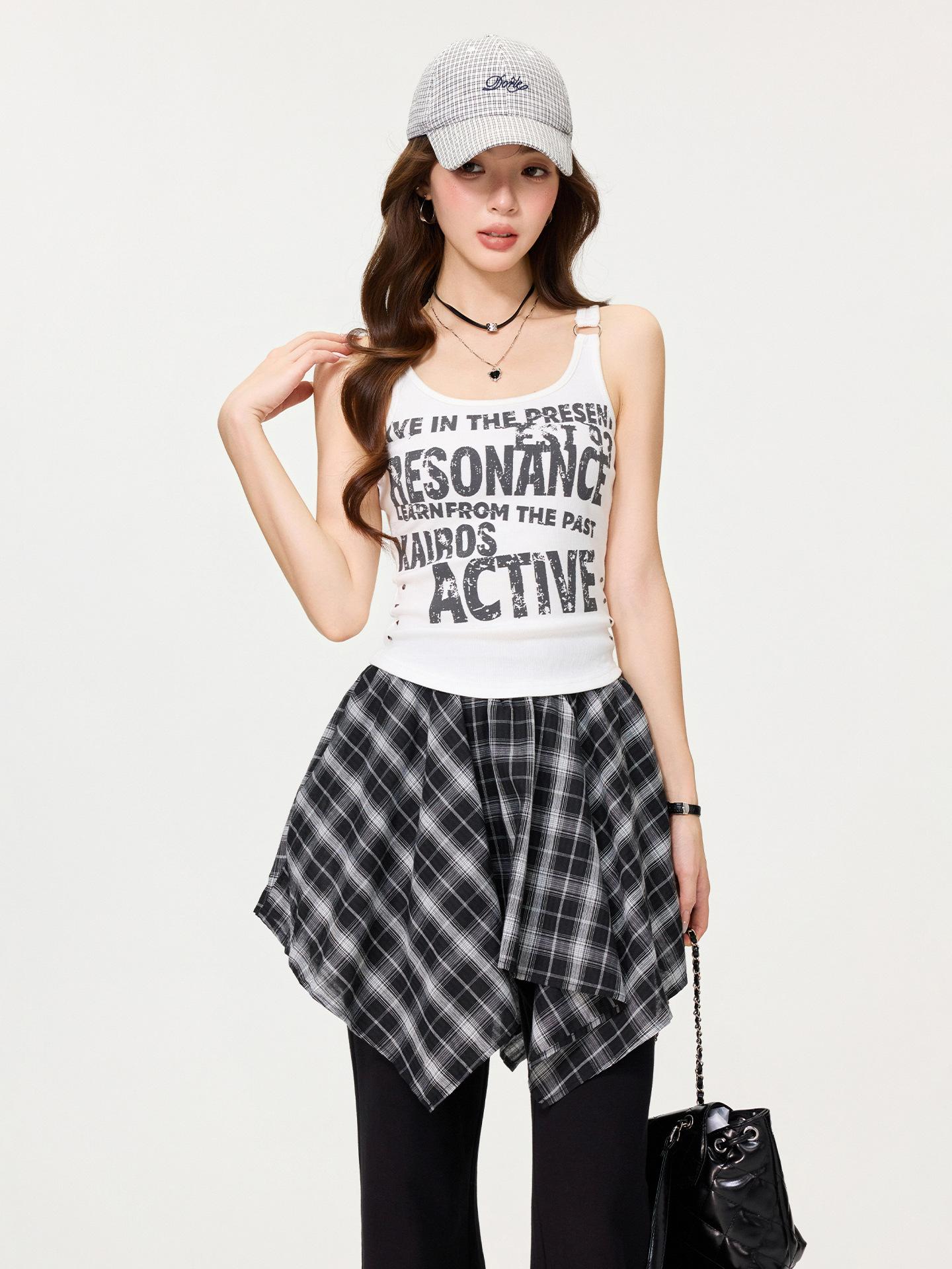 

American retro letter print short suspender vest women s spring summer spice slim sleeveless outerwear top S