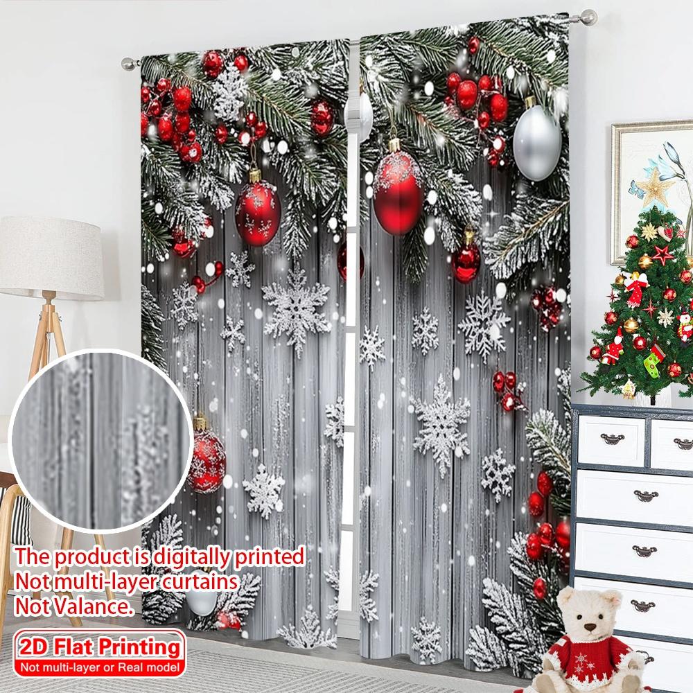 2D Flat Printing 2pcs Christmas Window Curtains With Snowflakes_ Red Balls and Green Plants Durable 100% Polyester Fabric