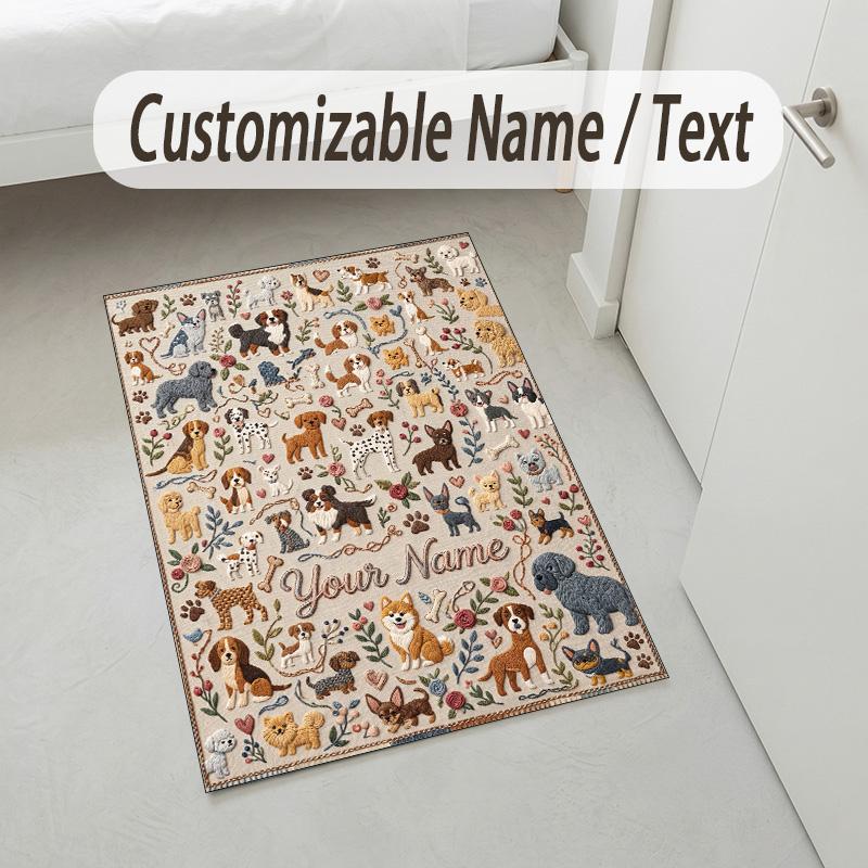 Dog Theme Crystal Velvet Rug Personalized Custom Name Text Soft Floor Mat Home Decor